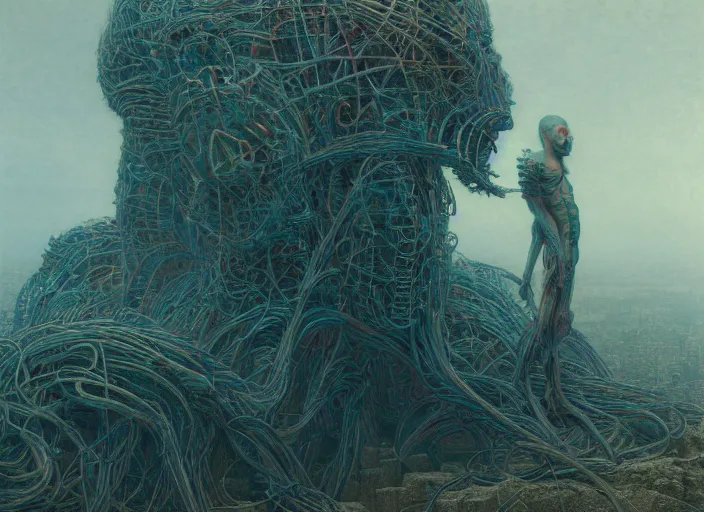 Image similar to behemoth, neon, they are watching, RGB, glowing wires everywhere, pristine, by Edgar Maxence and Ross Tran, Zdzisław Beksiński, and Michael Whelan, distant, gustav dore, H.R. Giger, 8k, octane render