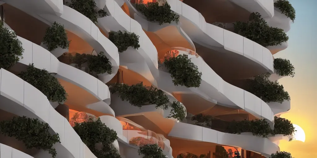 Image similar to futuristic holiday balcony apartments that are inspired by the form of acanthus mollis flowers. sunset. artstation. cinematic. 4 k.