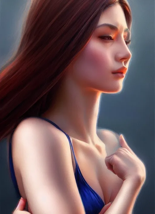 Image similar to photo of a gorgeous young woman in the style of stefan kostic, realistic, sharp focus, 8 k high definition, insanely detailed, intricate, elegant, art by stanley lau and artgerm