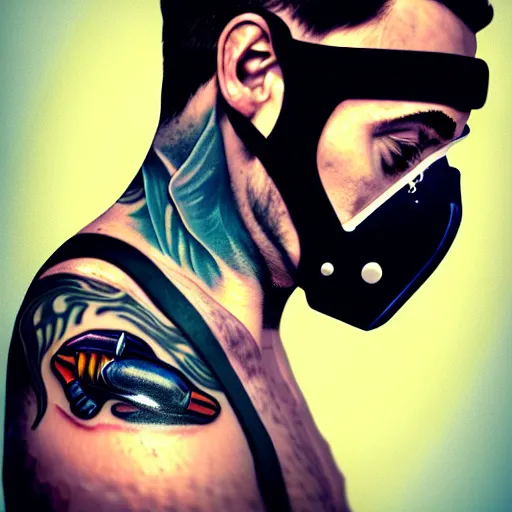 Prompt: a profile photo of a man with diving mask with tattoos on arm and neck, side profile in underwater, highly detailed, digital painting, artstation, concept art, smooth, sharp focus, illustration by Sandra Chevrier