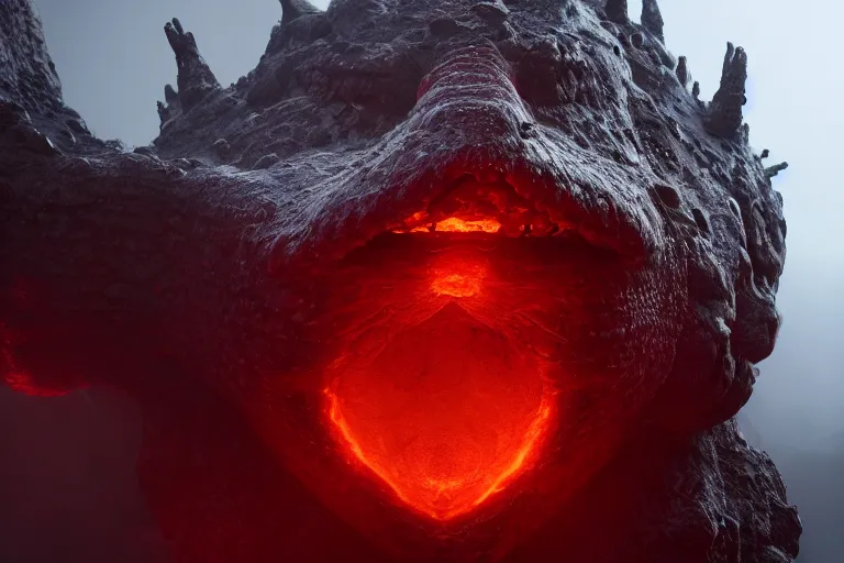 Prompt: amplified ritual engine, closeup portrait of a volcanic monster snake, shrouded in fog, dramatic lighting, unreal engine, cgsociety, artstation, 4k