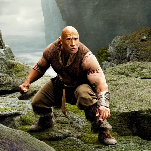 Prompt: dwayne the rock johnson as bilbo baggins, hobbit, lord of the rings, movie, photo, hyperdetailed, sharp focus,