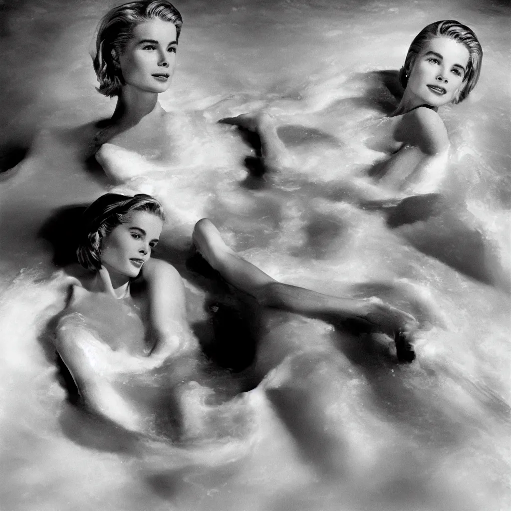 Image similar to Herb Ritts high-contrast color photo of Grace Kelly emerging from a milk bath, vignette, grainy film, shallow depth of field