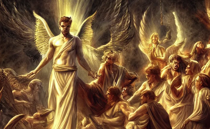 Image similar to Lucifer leads a rebellion of angels in heaven against god, digital art, very detailed, award winning, trending in Art Station,