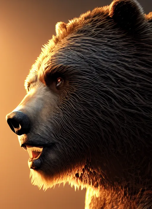 Image similar to portrait of a bear werewolf, brown and grey hair, golden eyes with a paw scar on his right cheek, dim volumetric lighting, 8k octane beautifully detailed render, post-processing, extremely hyperdetailed, intricate, epic composition, grim yet sparkling atmosphere, cinematic lighting + masterpiece, trending on artstation