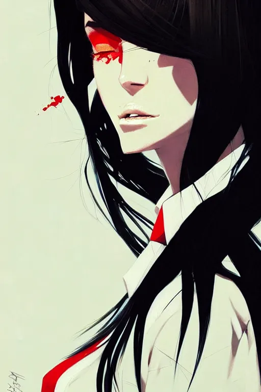 Image similar to a ultradetailed beautiful panting of a stylish woman wearing a shirt with a tie, she has black hair, by conrad roset, greg rutkowski and makoto shinkai, trending on artstation