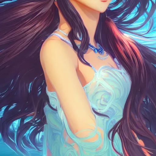 Image similar to a beautiful girl with long black hair in, island background, intricate, highly detailed, digital painting, artstation, official media, anime key visual, concept art, rich vivid colors, ambient lighting, sharp focus, illustration, art by Artgerm, Makoto Shinkai, Ilya Kuvshinov, Lois Van Baarle, and Rossdraws