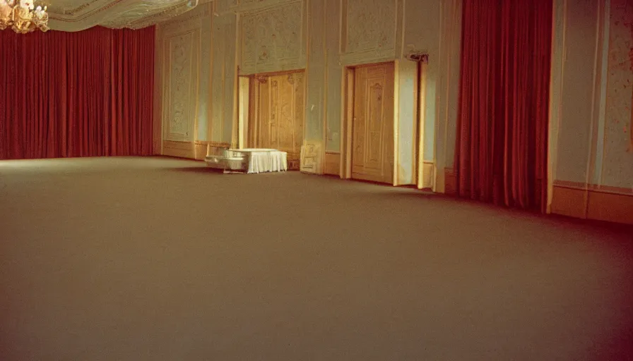 Image similar to 60s movie still of a sovietic stalinist style empty ballroom with a royal bed, cinestill 800t 50mm eastmancolor, liminal Space style, heavy grain, accidental flash-s 150