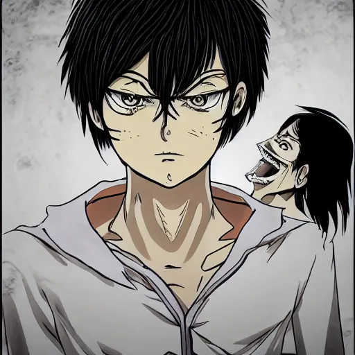 Image similar to eren yeager in the style of junji ito