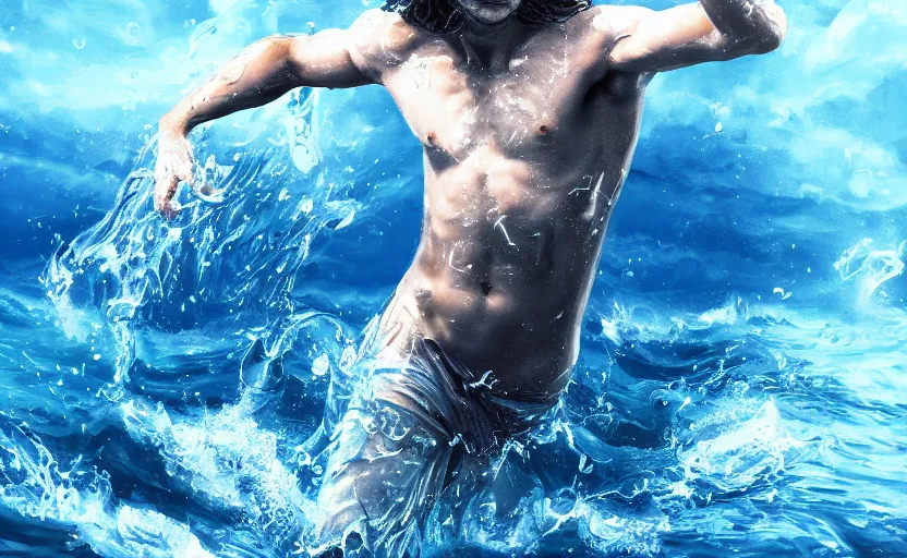 Prompt: Full body of young Poseidon flying and emerging from water with blue magic, light particles, digital painting, trending in Art Station, epic and amazing, 4k, very detailed,