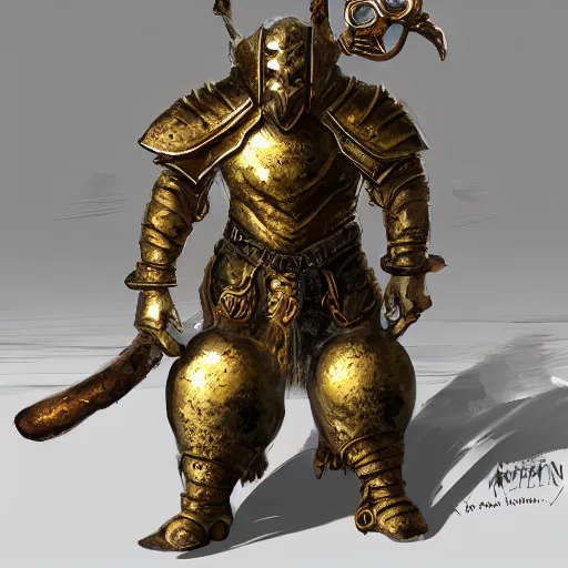 Image similar to Crippled giant using a rusty mace made of gold inside a hall. He is wearing broken armor with rusty jewelry, trending on artstation, fantasy, concept art