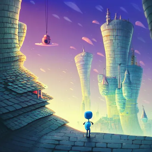 Image similar to gediminas pranckevicius an adventurous boy ( facing the camera ) and his small robot friend, futuristic city backgrond, eleborate composition with foreground and background, depth of field, fantasy illustration by kyoto studio, don bluth!!!, square enix, cinematic lighting