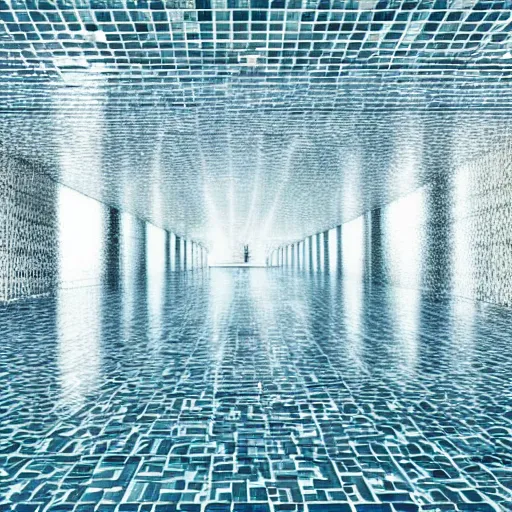 Prompt: Beautiful Photograph of an infinitely tiled infinite hallway with water water water water on the floor