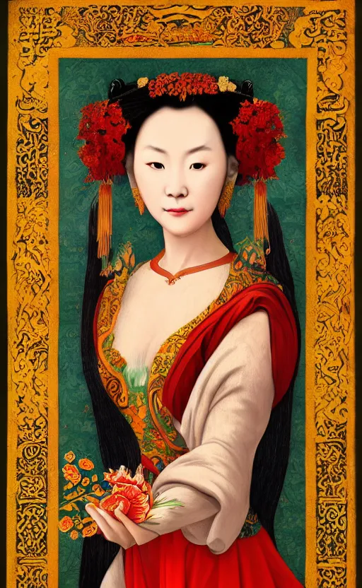 Image similar to an awesome vietnamese art of a lady in the style of a renaissance masters portrait, mystical and new age symbolism and tibetan book of the dead imagery, intricately detailed, 4 k