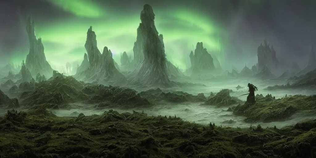 Image similar to evil eldritch lovecraftian scenery landscape, lord of the rings, aurora borealis, mist, monoliths, tentacles, fungal growths, moss highly detailed, bleak color, perfect lighting, perfect composition, 8 k, brian froud, artgerm, derek zabrocki, greg rutkowski