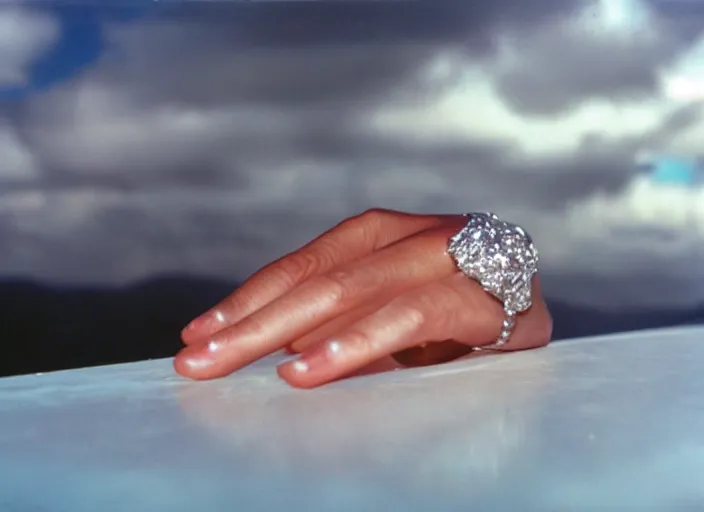 Image similar to a big glimmering dimond ring on a lady hand in the 8 0's. closeup. clouds in the background