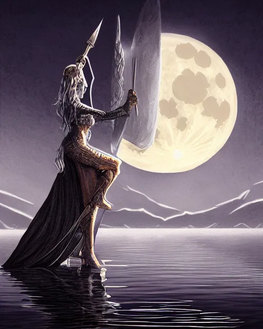 Prompt: legendary excalibur rising from the middle of a lake under a giant full moon, rippling reflections, lady of the lake, western, D&D, fantasy, intricate, elegant, highly detailed, digital painting, artstation, concept art, matte, sharp focus, illustration, masterpiece, stunning, artstation