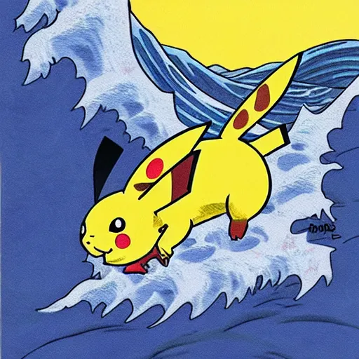 Prompt: pikachu surfing on the great wave