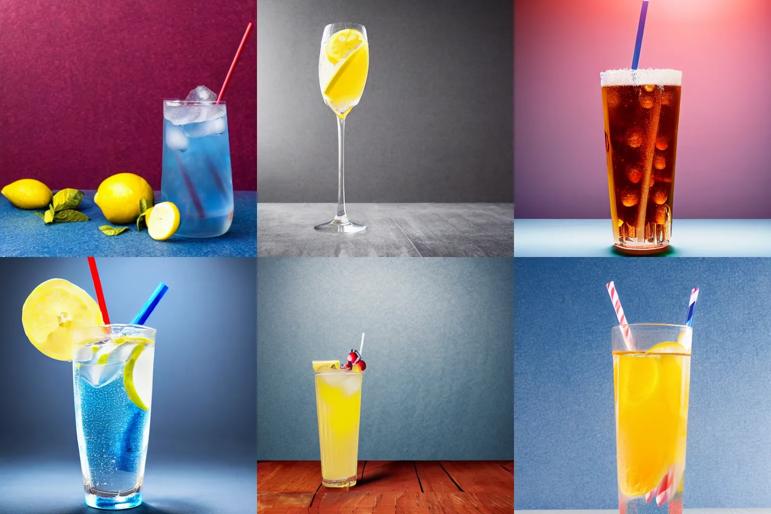 Prompt: glass of blue fizzy lemonade with straw, advertising photo, studio lighting, flat red backdrop