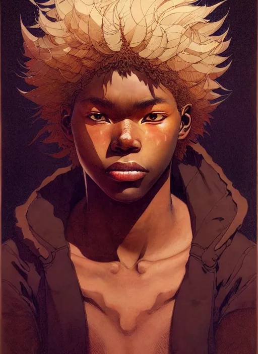 Image similar to prompt : portrait soft light painted by james jean and katsuhiro otomo and erik jones, inspired by akira anime, epic fantasy, a young long haired peasant boy with dark skin, brown skin, a dark complexation in plain fantasy clothing with intelligent eyes, intricate oil painting, high detail illustration, sharp high detail