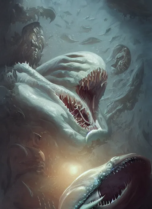 Image similar to a vampire with a sea lamprey!!!!! mouth, in the styles of peter mohrbacher, gerald brom, and marc simonetti, intricate, hyperrealistic, volumetric lighting