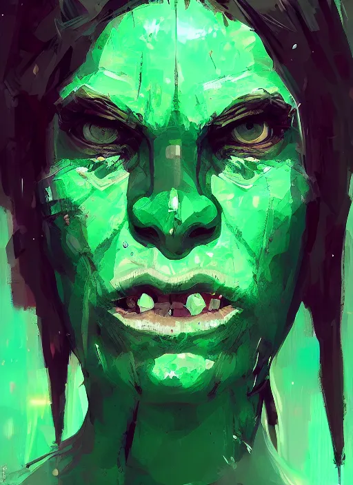 Prompt: green orc female, light green tone beautiful face by ismail inceoglu