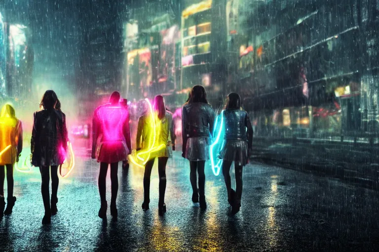 Image similar to a cinematic photograph of a group of angels walk through a dystopian city street whilst neon lightening strikes on the pavement, rain falls, ultra realistic, high definition