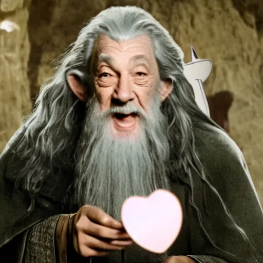 Image similar to portraid of gandalf wearing a Hello Kitty costume, smiling, holding a blank playing card up to the camera, movie still from the lord of the rings