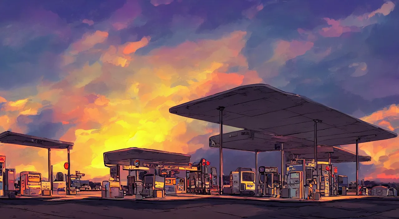 Prompt: gas station roadside south west sunset sky beautiful artstation 4 k breathtaking graphic novel concept art illustration cartoon by jack kirby