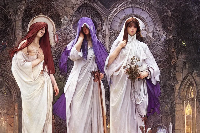 Prompt: the three marys mourning at the sepulchre, painting, art by artgerm and greg rutkowski and alphonse mucha