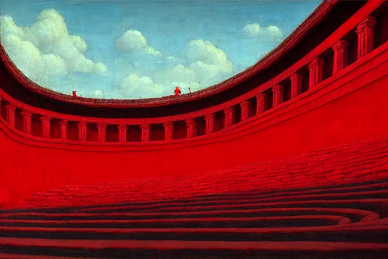 Image similar to only with red, a red great emperor, taormina amphitheatre, crowd with big smile, in the style of beksinski, parts by edward hopper, parts by rodcenko, parts by yue minjun, intricate and epic composition, red by caravaggio, insanely quality, highly detailed, masterpiece, red light, artstation, 4 k