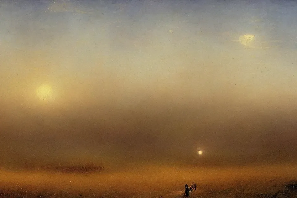 Image similar to sci-fi painting of a large alien city on the vast wheat fields, the closed back view of only one humanoid robot on the ground, by Ivan Aivazovsky, godrays, detailed