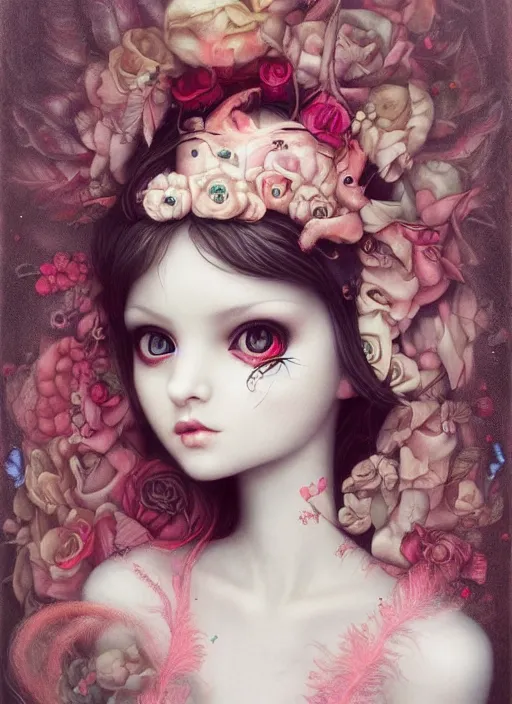 Image similar to pop surrealism, lowbrow art, realistic cute alice girl painting, japanese street fashion, hyper realism, muted colours, rococo, loreta lux, tom bagshaw, mark ryden, trevor brown style