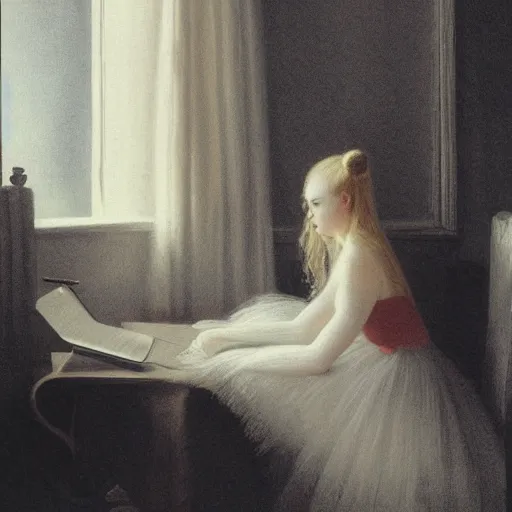 Prompt: Elle Fanning, extremely detailed masterpiece, illustration, by Michael Sowa,