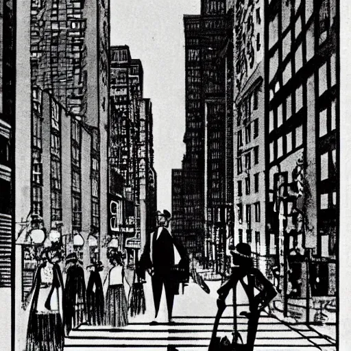 Prompt: A drag queen walking down a New York City street. Illustration from 1920.