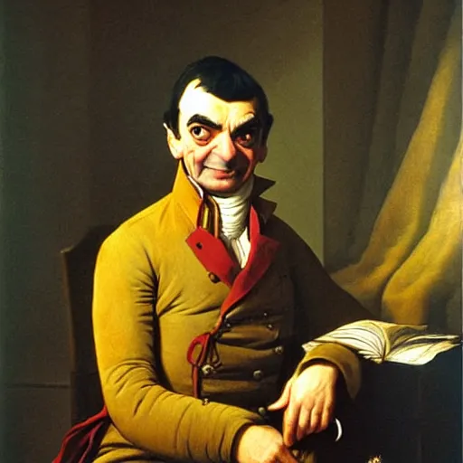 Image similar to mr. bean in the french revolution, painting by jacques - louis david by