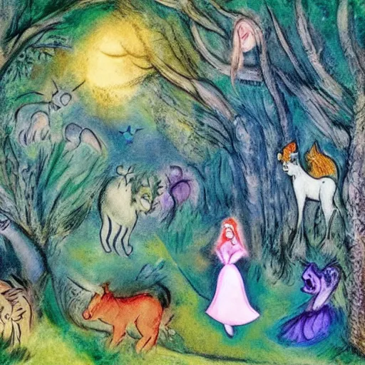 Prompt: A detailed mixed media art of Princess Aurora singing in the woods while animals look on. The colors are light and airy, with a hint of mystery in the shadows. The overall effect is dreamlike and fairy-tale like. by Walt Disney, by Marc Chagall