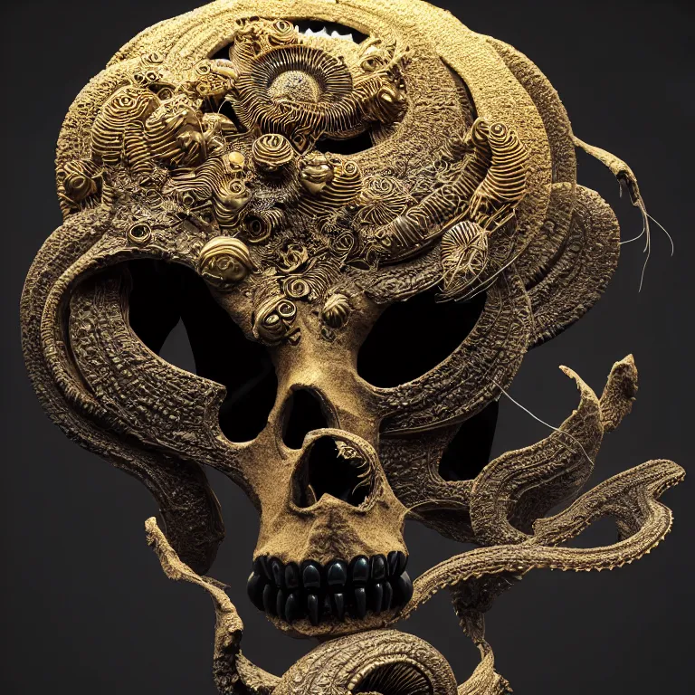 Image similar to black background. absolutely symmetrical sculpture. centered. goddess princess face close-up portrait ram skull. sculpture made of gold and black charcoal. jellyfish phoenix head, nautilus, orchid, skull, betta fish, bioluminiscent creatures, intricate artwork by Tooth Wu and wlop and beeple. octane render, trending on artstation, greg rutkowski very coherent symmetrical artwork. cinematic, hyper realism, high detail, octane render, 8k