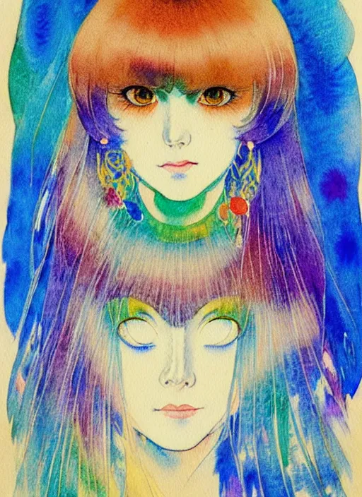 Prompt: vintage 7 0 s anime watercolor by makoto maruyama, a portrait of a lady with colorful face - paint enshrouded in an impressionist watercolor, representation of mystic crystalline fractals in the background by william holman hunt, art by cicley mary barker, thick impressionist watercolor brush strokes, portrait painting by daniel garber, minimalist simple pen and watercolor