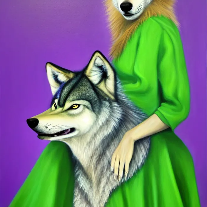 Prompt: a photorealistic painting of an anthropomorphic female wolf fursona wearing a green dress, violet hair, furry, soft lighting, oil on canvas, hyper detailed