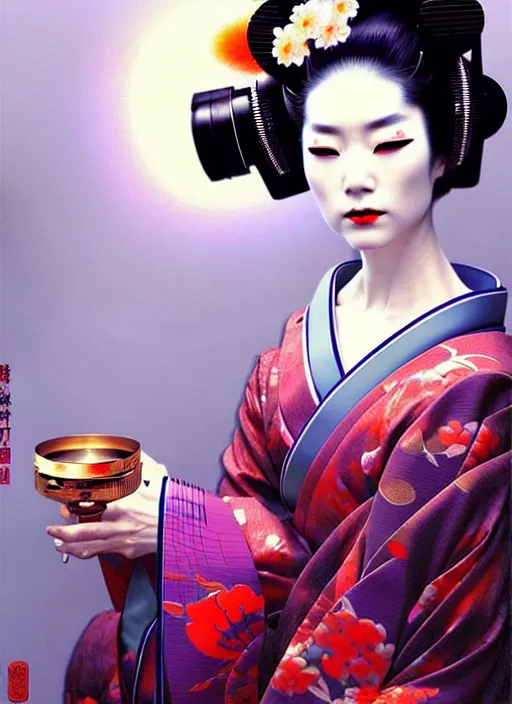 Image similar to sensual japanese geisha wearing vr eyepiece, intricate geisha kimono, robotic, android, cyborg, cyberpunk face, steampunk, fantasy, intricate, elegant, highly detailed, colorful, vivid color, digital photography, cool warm light, artstation, concept art, art by artgerm and greg rutkowski and ruan jia,