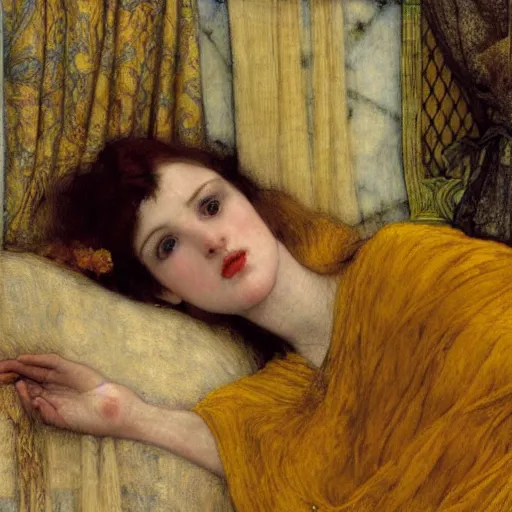 Image similar to preraphaelite photography reclining on bed, a hybrid of judy garland and eleanor of aquitaine, aged 2 5, big brown fringe, yellow ochre ornate medieval dress, john william waterhouse, kilian eng, rosetti, john everett millais, william holman hunt, william morris, 4 k