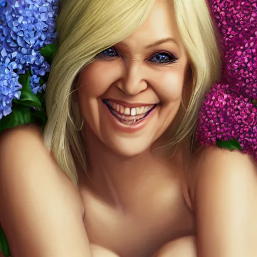 Prompt: 5 0 year old mildly overweight blonde woman, welcoming grin, wearing black, surrounded by hydrangeas, small white dog at her side, portrait, headshot, in the style of alexis franklin, thomas river, ross tran, wlop, artgerm, detailed, high quality