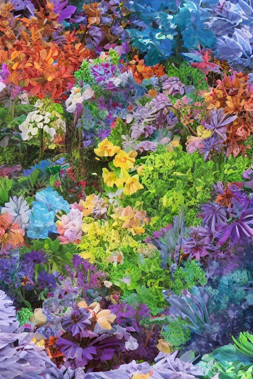 Image similar to super detailed color art, a lot of small garden flowers, A multiverse of fruits, unreal engine, wes anderson color palette, 3d render, colorful, digital art