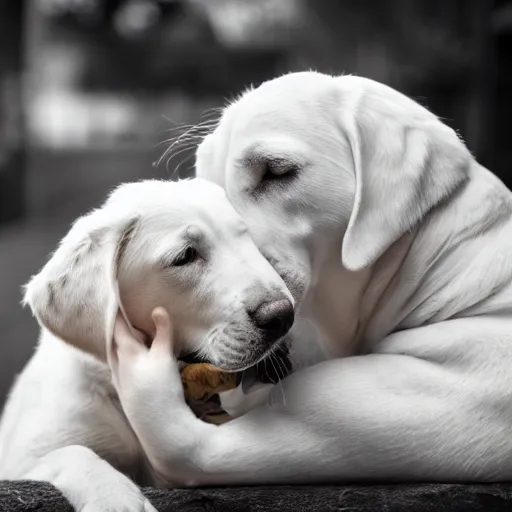 Prompt: award winning photo, white labrador retriever, nuzzling a kitten, 8 k, 3 5 mm, f / 1. 2