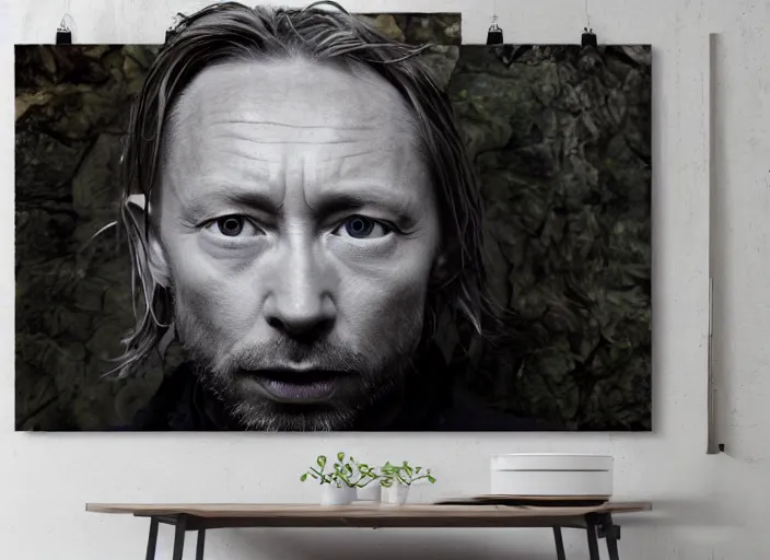 Prompt: photograph of print of thom yorke picture on a table, hyper realistic, variations of thom yorke, forest, high quality photograph, mixed styles, intricate details, diverse colors, deep emotional impact, photograph of print