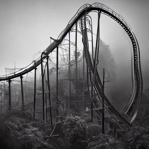 Prompt: abandoned theme park with large rollercoaster that has vines hanging from it, sharp focus, fog, hazy, creepy ambiance, desaturated, highly detailed, artgerm, rutkowski