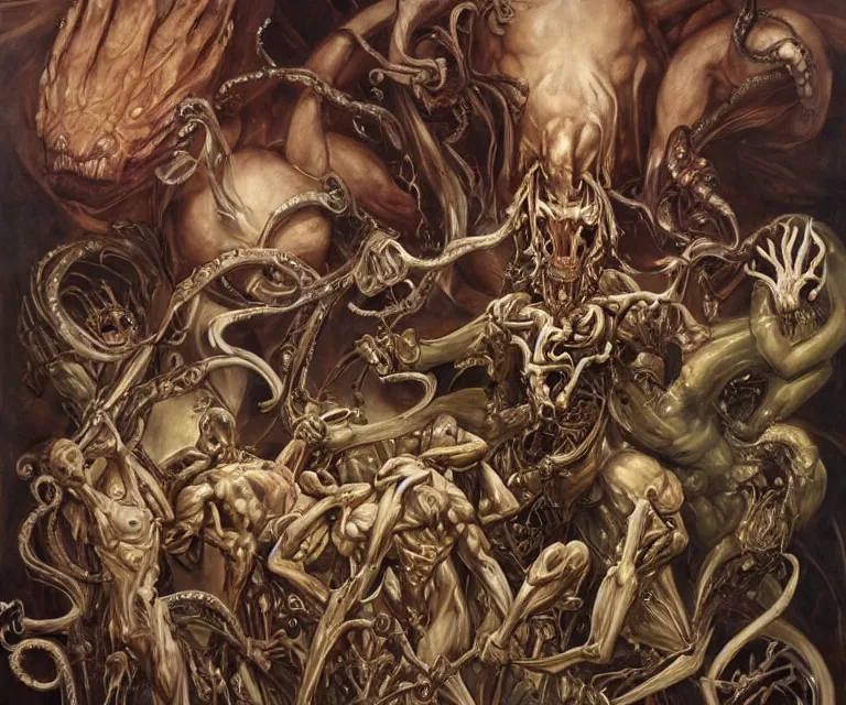 Prompt: elegant renaissance painting of biomechanical warhammer final boss bodybuilder vecna battle, art by alex ross and peter mohrbacher, epic biblical depiction, flesh and bones, fangs, teths and tentacles, corpses and shadows!