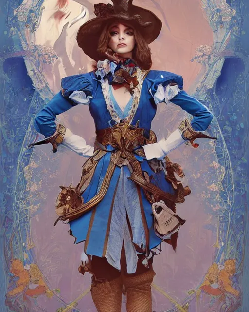 Image similar to movie poster of \'alice in wonderland\', wearing blue and white armor, fantasy, intricate, elegant, highly detailed, digital painting, artstation, concept art, smooth, sharp focus, illustration, art by Fernanda Suarez and Artem Demura and alphonse mucha