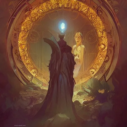 Image similar to “an eldritch tome with a portal on its pages, D&D, fantasy, intricate, cinematic lighting, highly detailed, digital painting, artstation, concept art, smooth, sharp focus, illustration, art by Artgerm and Greg Rutkowski and Alphonse Mucha”